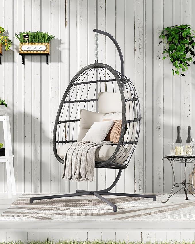 HWB Hanging Egg Chair with Stand, Patio Wicker Hammock Egg Swing Chair with Cushion for Bedroom Garden Indoor Outdoor (Beige)