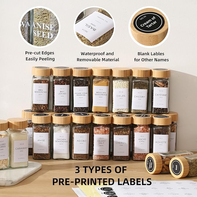 4 oz Glass Spice Jars with Bamboo Lids, Clear Empty Jars with Labels Stickers, Collapsible Funnel, Seasoning Storage Bottles for Spice Racks (36 Pack)