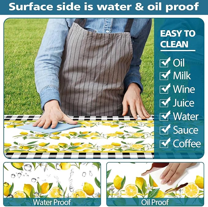 Picnic Table Cover with Bench Covers, Lemon & Black-White Gingham , Elastic Edges, Waterproof Windproof Fitted, for Outdoor Camping Patio Garden, with Drawstring Bag, 72 in