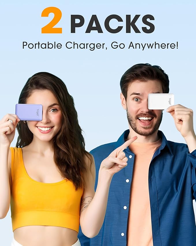 TG90° 2 Pack External Battery Pack 5000mAh Portable Charger, USB C Power Bank with Built-in Foldable AC Wall Plug and Cables, Mini Battery Charger Compatible with iPhone, Samsung, Google etc