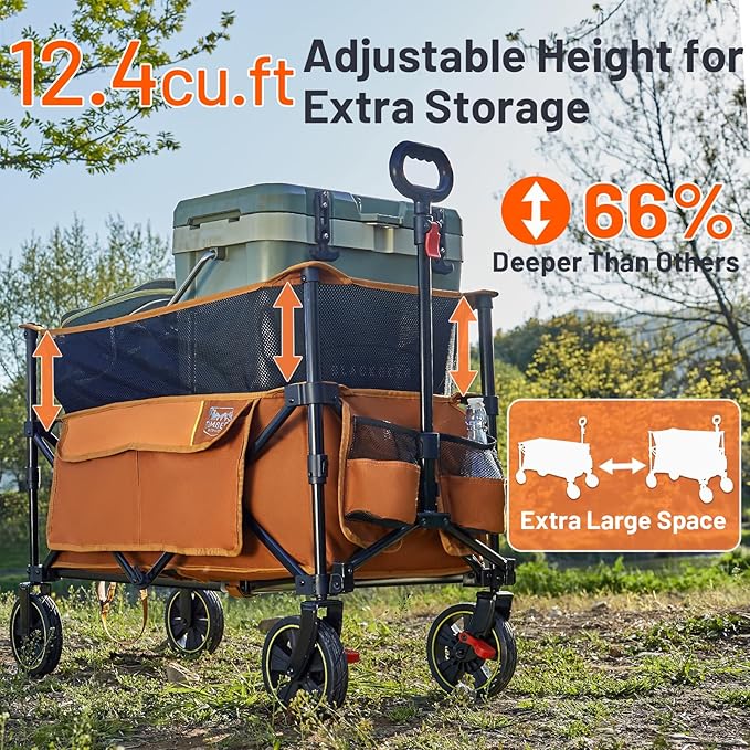 TIMBER RIDGE 350L Extra Large Collapsible Folding Wagon Carts with Brake, Heavy Duty Outdoor Camping Utility Wagons with Extended Height, Adjustable Handle, Cup Holders, Side Bag(Orange)