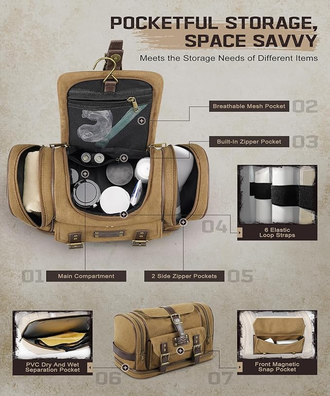 ARCFOX Travel Hanging Toiletry Bag for Men, Vintage Canvas Large Toiletry Bag with 7 Compartments, Camping Gym Travel Toiletry Kit Organizer with PVC Wet & Dry Pockets, Personalized Wash Bag, Brown