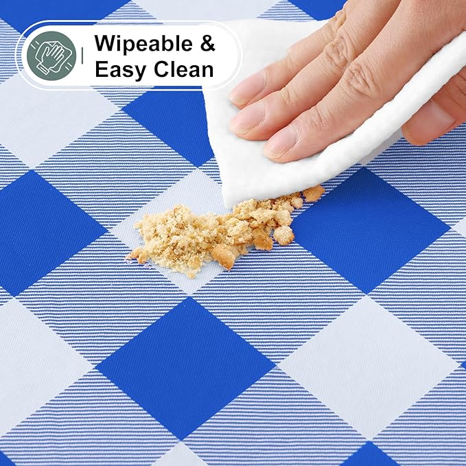 misaya Buffalo Rectangle Picnic Tablecloth, 8 Foot Elastic Fitted Vinyl Table Cloth with Flannel Backing, Waterproof Plaid Table Covers for Dining, Camping, Outdoor (Blue and White, 30" x 96")