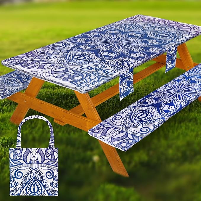 Picnic Table Cover with Bench Covers Vinyl Elastic Edges Fitted Rectangle Seat Tables Waterproof 3-Piece96X30in Set Outdoor Rectangular Folding Backing Tablecloth for Camping Over SizeTie-Dye118