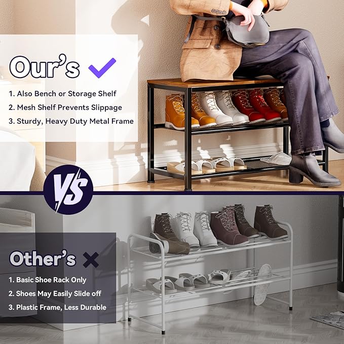 Shoe Rack for Closet, 3 Tier Shoe Organizer for Entryway, Freestanding Metal Storage Shoe Shelf with Wood Top, 8-12 Pairs of Shoes, Rustic Brown Black