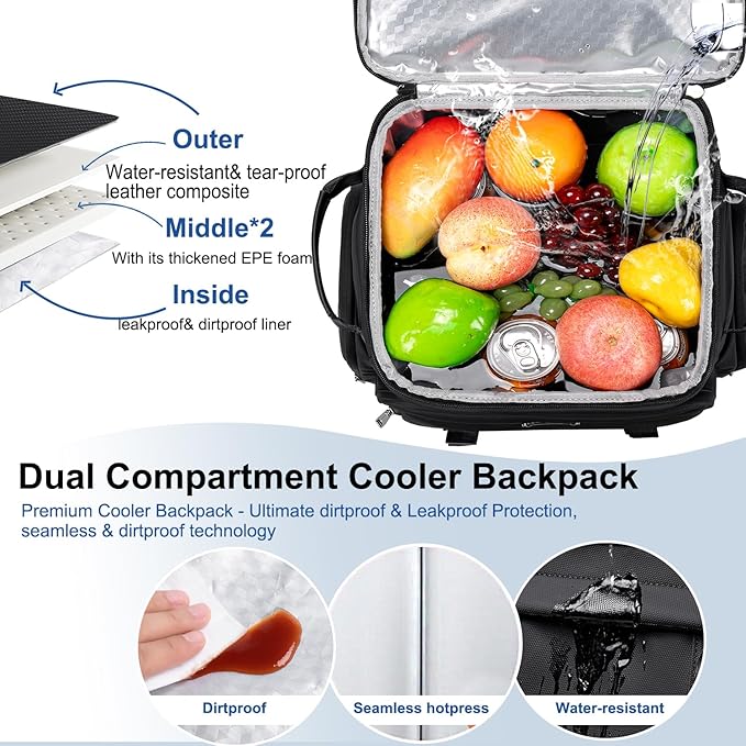 Weitars Insulated Cooler Backpack,Double Deck Waterproof Soft Cooler Bag,Backpack Coolers Leak Proof Lunch Backpack for Men Women for Travel,Camping,Picnic,Beach,Picnic,Outdoor 31L/52 Can
