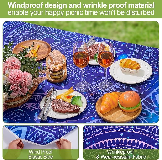 Picnic Table Cover with Bench Covers Camping Essentials Waterproof Windproof Camping Tablecloth with Drawstring Bag, Fitted Rectangle Tables and Seats, 60in, Blue Purple