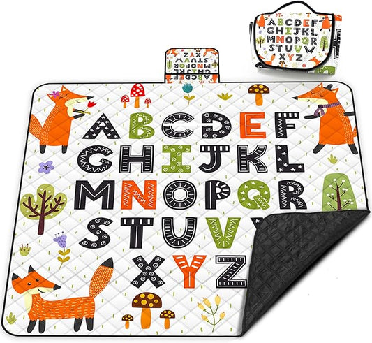 Poedist Extra Large Picnic Blanket Waterproof,80"x 80"Foldable Machine Washable Beach Blanket,Outdoor Blanket for 6-8 Adults,Suitable for Indoor Crawling,Park Beach,Camping,Hiking,Family Travel(ABC)