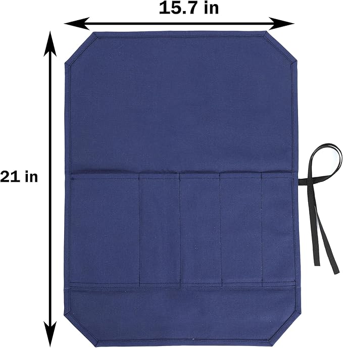 Chef Knife Roll, Heavy Duty 16OZ Waxed Canvas Knife Roll, 5 Slots Knife Bag with Professional Cut Resistant Fabric, Blue (21"L x 15.5"W)