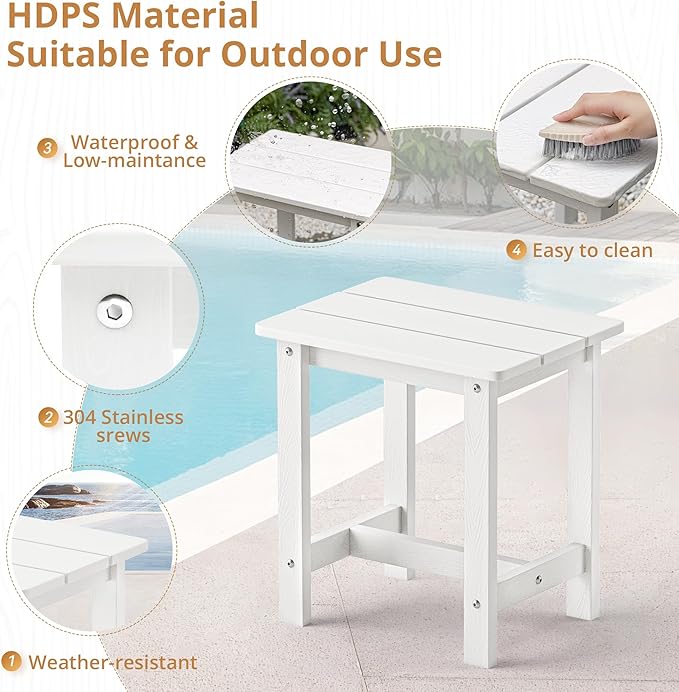 LUE BONA Outdoor Side Table Set of 2, HDPS Small Outdoor Table, Adirondack Side Table, Outside End Table for Patio, Porch, Deck, Pool, Weather Resistant/Easy Maintenance/Indoor or Outdoor Use, White