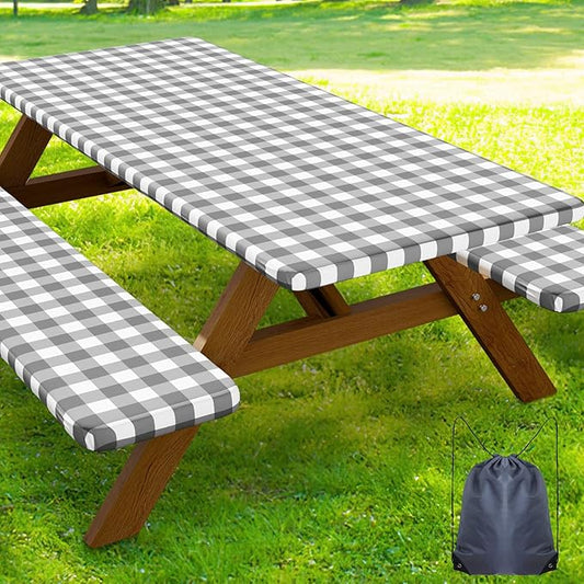Smiry Picnic Table Cover with Bench Covers, Waterproof Elastic Fitted Tablecloths for 8 Foot Rectangle Tables, Washable Buffalo Plaid Tablecloth for Camping, Outdoor (Grey & White, 30"x96")