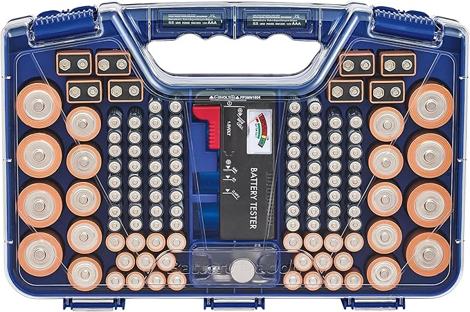 Ontel Battery Daddy Storage & Organizer Case with Tester, Stores & Protects Up to 180 Batteries, Double-Sided, Durable Design with Clear Locking Lid, Secure Latches & Portable Carrying Handle - Blue
