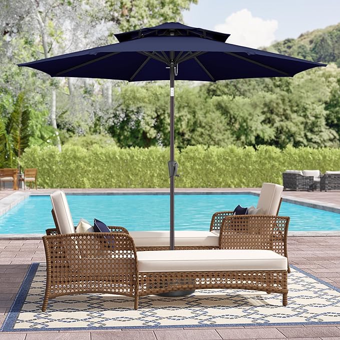 9ft Outdoor Patio Umbrella - 2 Tiers Table Umbrella Waterprool UV Protection, Sombrillas de Patio with Push Button Tilt&Crank, Sun Umbrella for Pool, Porch, Garden, Backyard(Dark Blue)