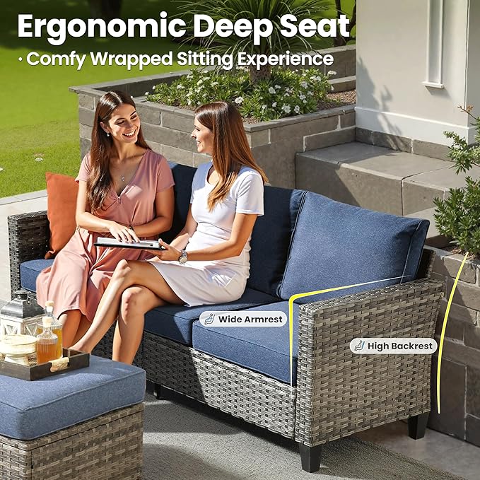 ovios 7 Pieces Patio Furniture Set with 54" Fire Pit Table, Outdoor Wicker Sofa with Comfy Cushions, All Weather High Back Rattan Couch Conversation Set, Denim Blue