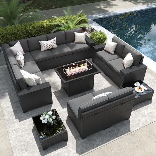 LayinSun 13 Pieces Outdoor Patio Furniture Set with 44" Fire Pit Table Rattan Sectional Sofa Conversation Sets