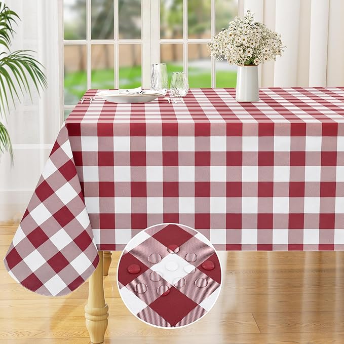 misaya Rectangle Waterproof Vinyl Table Cloth, Buffalo Flannel Backed Tablecloth, Wipeable Plastic Table Cover for Dinner, Kitchen, Outdoor (60" x 84", Burgundy and White)