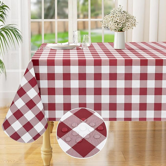 misaya Rectangle Waterproof Vinyl Table Cloth, Buffalo Flannel Backed Tablecloth, Wipeable Plastic Table Cover for Dinner, Kitchen, Outdoor (60" x 102", Burgundy and White)