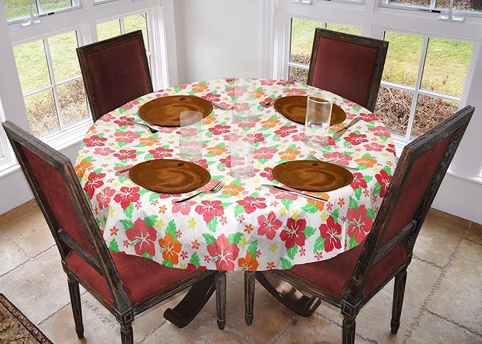 LAMINET Stitched Edge Drop Tablecloth - Hibiscus - Large Round - Fits Tables up to 70 Diameter