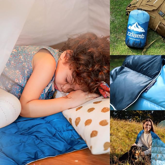zzlamb Puffy Down Camping Blanket Water-Repellent, Down Throw Travel Blanket Portable for Outdoor, Light Warm Quilt for Couch Plane Car Theater Stadium Picnic RV Backpacking Hammock