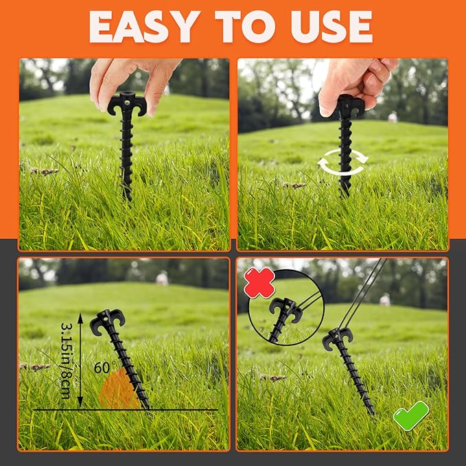 AUGSUN 16 Pack Plastic Tent Stakes Heavy Duty, Black Sand Stakes for Beach 7.5 Inch Screw in Tent Stakes Spiral Ground Anchors Tent Pegs Canopy Stakes for Inflatables Outdoor Camping Hiking Garden