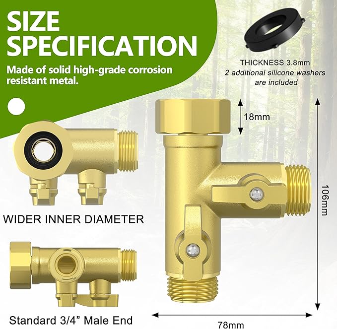 High Flow Solid Metal 2 Way ├ Type Garden Hose Splitter with Shut-Off Valves, 360 Degree Rotation 3/4" Spigot Faucet Connectors with 2 Extra Silicone Washers