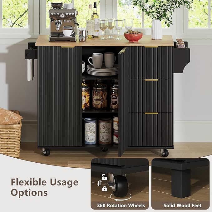 win2win Rolling Kitchen Island with Storage, Portable Kitchen Island with Drop Leaf Breakfast Bar, Modern Farmhouse Kitchens Cart on Wheels with Fluted Design, Towel Rack, Spice Rack, Black