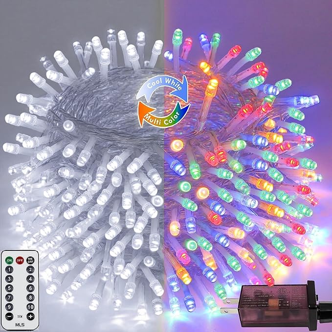 Cool White to Multicolor Color Changing 100 LED 33FT Christmas String Lights for Outdoor Indoor, 11 Modes Christmas Tree Clear Wire Fairy Waterproof Lights with Memory Function & Remote & Timer