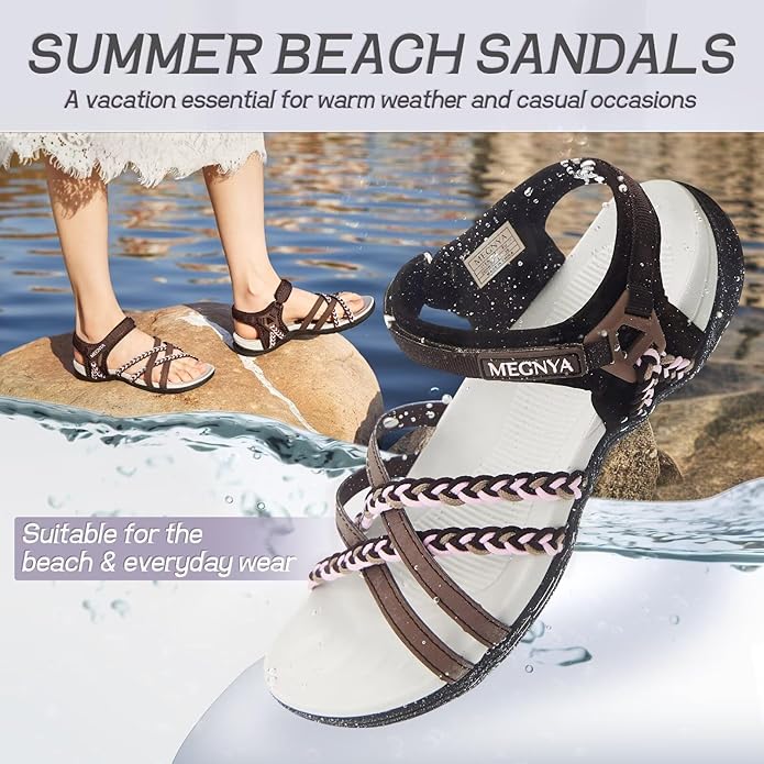 MEGNYA Hiking Sandals for Women, Arch Support Comfortable Walking Sandals Hook Loop Strap, Sports Lightweight Slides