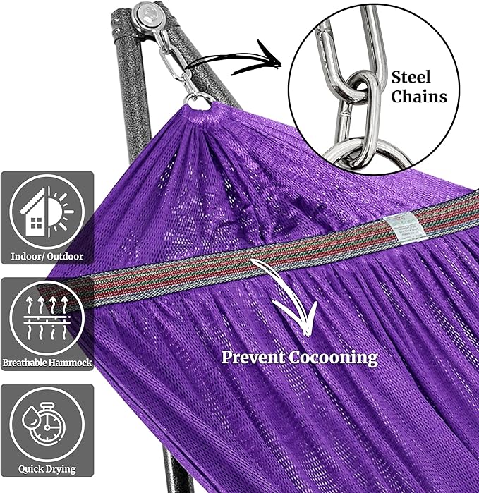 Tranquillo Universal Double Hammock with Stand Included for 2 Persons/Foldable Hammock Stand 600 lbs Capacity Portable Case - Inhouse, Outdoor, Camping, Purple