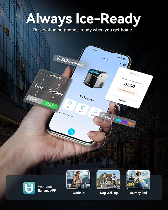 EUHOMY Smart Nugget Ice Maker Countertop, Portable Sonic Ice Maker with APP Control, 40lbs/24H, Ready in 8 Mins, Self-Cleaning, Pebble Ice Machine with Hanging Ice Scoop for Home/Kitchen/Office