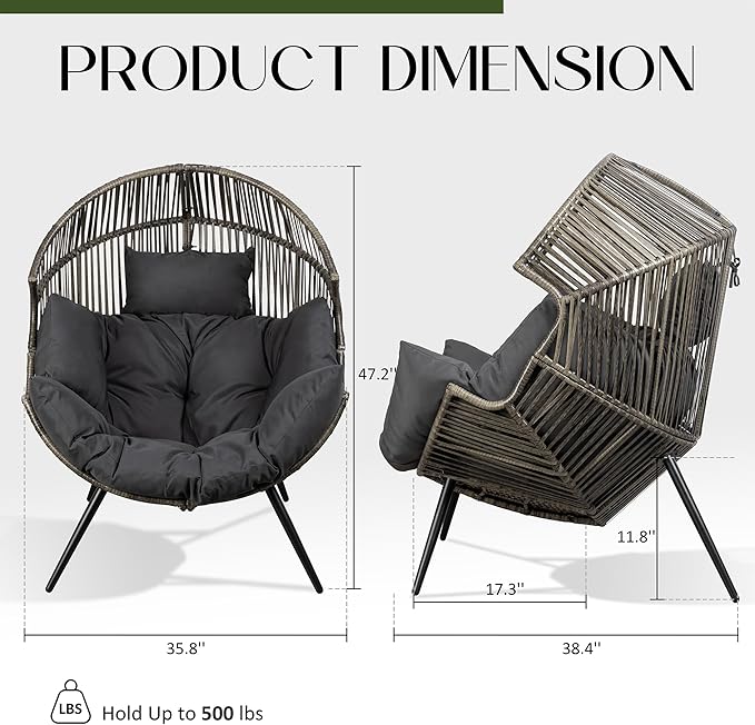 JAMFLY Egg Chair Wicker Outdoor Chairs, Oversized Patio Chair Oversized Lounger Chair with Cushion for Indoor Living Room, Bedroom, Outside Patio Backyard Balcony, Dark Gray