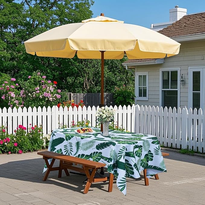 Poise3EHome Outdoor Tablecloth Rectangle with Umbrella Hole Waterproof Tropical Green Tablecloth for Spring Picnic Party Patio Table Camping, Palm Leaf (52X70 Zipper)