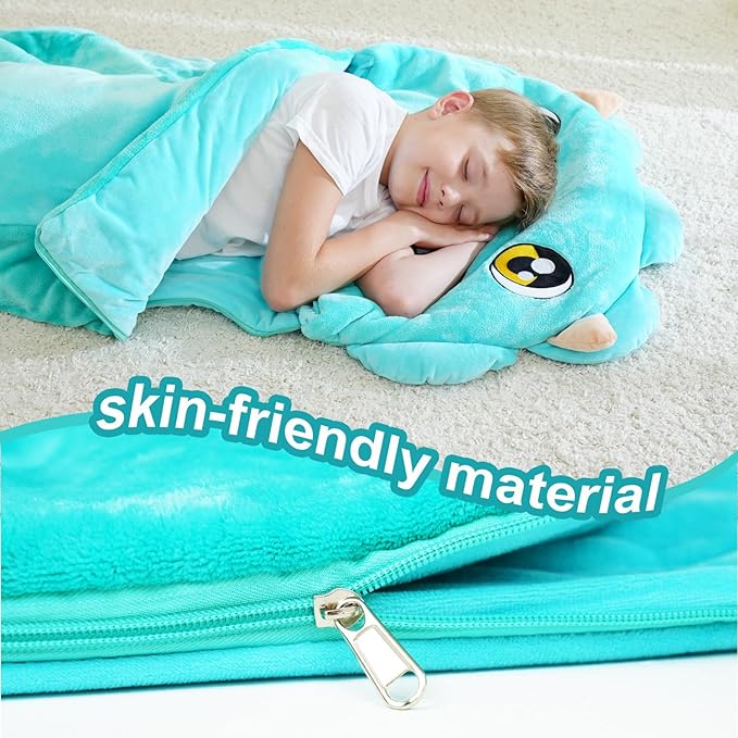 Kid Sleeping Bag with Pillow - Larger Toddler Nap Mat - Plush Slumber Bag for Boys Girls Daycare Preschool Kindergarten Birthday Gift Travel Sleepover Ages 3-12 Years