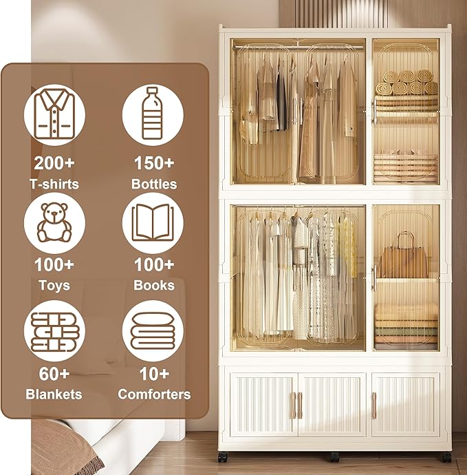 Collapsible Expandable Wardrobe Closet, Multi-Function Plastic Wardrobe,Wardrobes Storage Cabinet (7 Cubes +2 Hanging Rod)