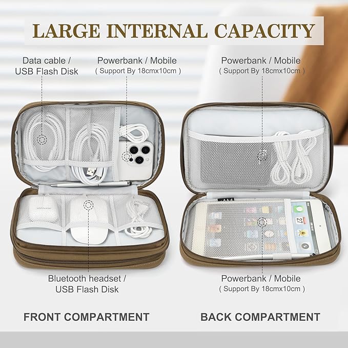FYY Electronic Organizer, Large Travel Cable Organizer Bag Pouch Electronic Accessories Carry Case Portable Waterproof Double Layers All-in-One Storage Bag for Cable, Cord, Charger, Phone, Brown