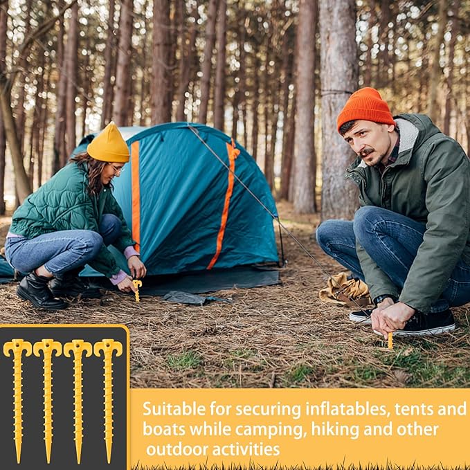 AUGSUN 8 Pack Plastic Tent Stakes Heavy Duty, Yellow Sand Stakes for Beach 7.5 Inch Screw in Tent Stakes Spiral Ground Anchors Tent Pegs Canopy Stakes for Inflatables Outdoor Camping Hiking Garden