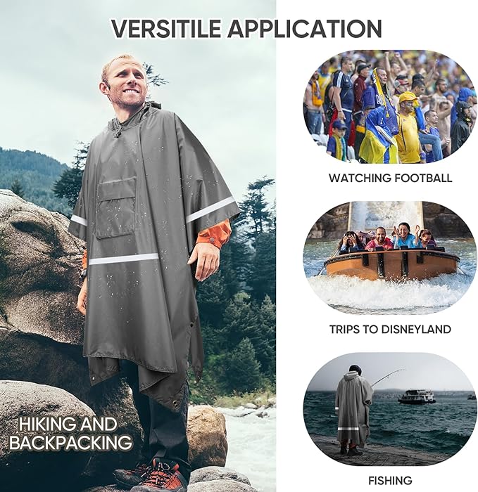 PTEROMY Hooded Rain Poncho for Adult with Pocket, Waterproof Lightweight Unisex Raincoat for Hiking Camping Emergency