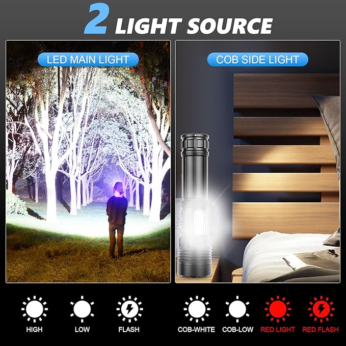 Flashlights High Lumens 2 Pack, Rechargeable Flashlight Super Bright Flash Light with Red Light,COB Work Light,IPX6 Waterproof Powerful Flashlight for Home Camping Disaster (2)