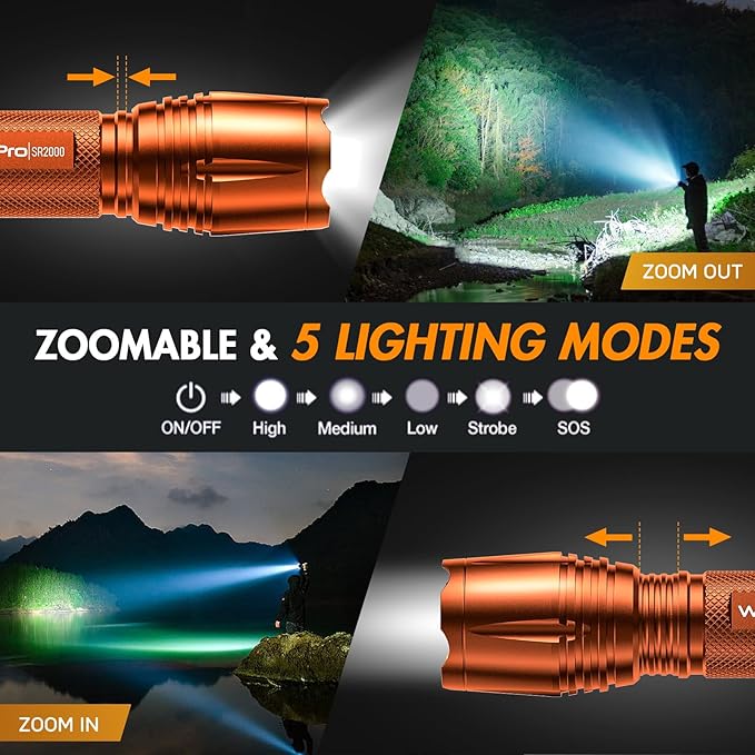 WdtPro LED Flashlight High Lumens SR2000 Pro, 2 Pack Brighter Tactical Flashlights with 5 Modes & Zoomable, Powerful Mini Flash Light for Emergency, Camping, Hiking (Orange)