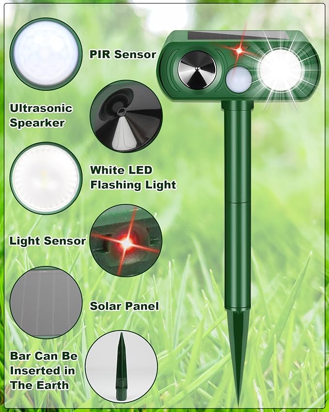 2PCS Solar Ultrasonic Animal Repellent Outdoor- Ultrasonic& Strobe Light Deer Repellent Devices for Deer/Cat/Squirrel/Raccoon/Rabbit/Bird/Owl/Dog - PIR Motion Detection, Yard Garden Protection