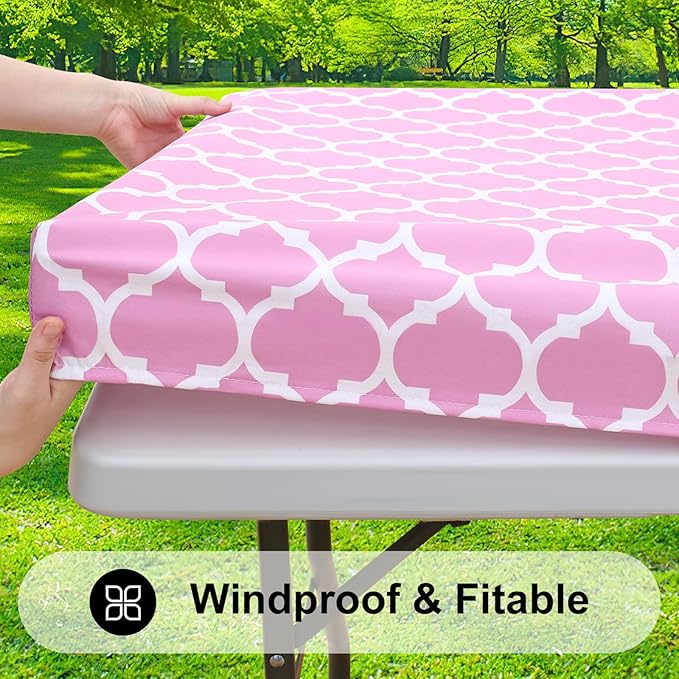 Smiry Rectangle Picnic Table Cover, Waterproof Elastic Fitted Camping Tablecloths for 6 Foot Tables, Wipeable Flannel Backed Vinyl Tablecloth Protector for Indoor, Outdoor (Pink, 30x72 Inches)