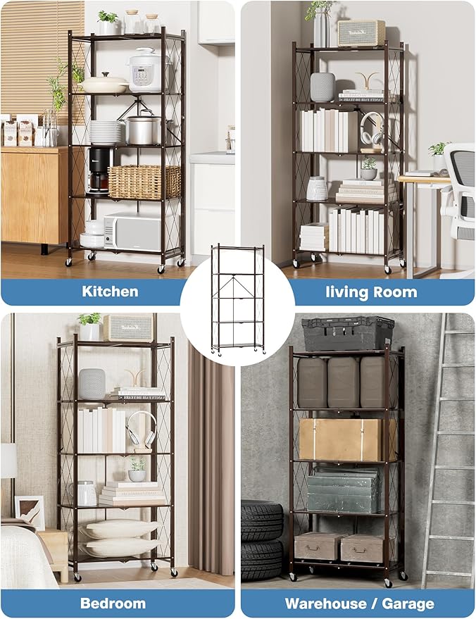 ALANNG 70.7" H Metal Storage Shelves, 5 Tier Folding Shelf on Wheels, Heavy Duty, No Assembly, Rolling, Collapsible Rack Unit for Kitchen, Basement, Pantry (Vintage Brown,2 Pack)