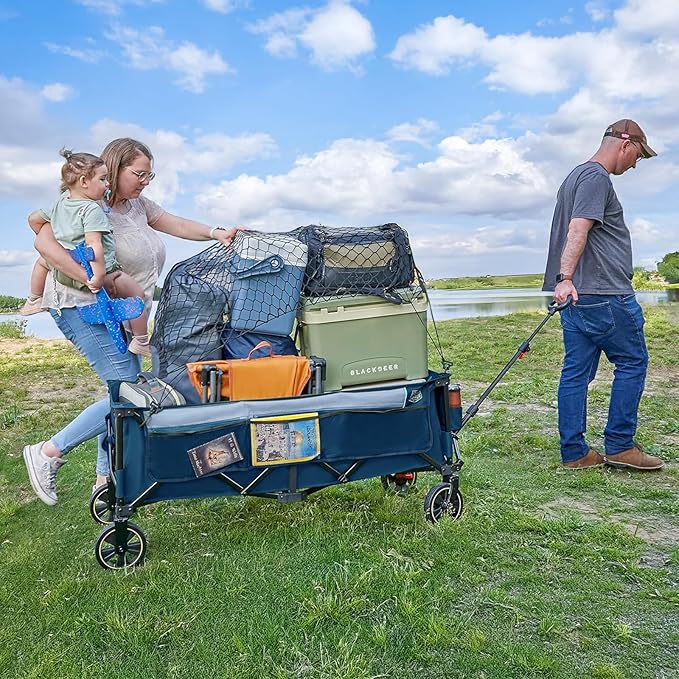 TIMBER RIDGE 51.2'' Extended Collapsible Wagon Cart with Brakes and Cargo Net, 350LBS Heavy Duty Foldable Utility Wagon with Adjustable Handle, 400L Capacity Portable Cart for Camping Sports Shopping