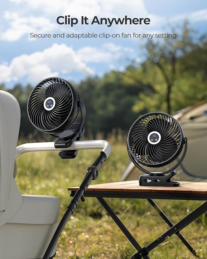 Koonie 10000mAh Portable Clip on Fan with LED Lantern and Hook, 8'' Battery Operated Desk Fan, Quiet Camping Fan with LED Digital Display, 360° Rotation & 3 Speeds for Travel Tent Gym Treadmill