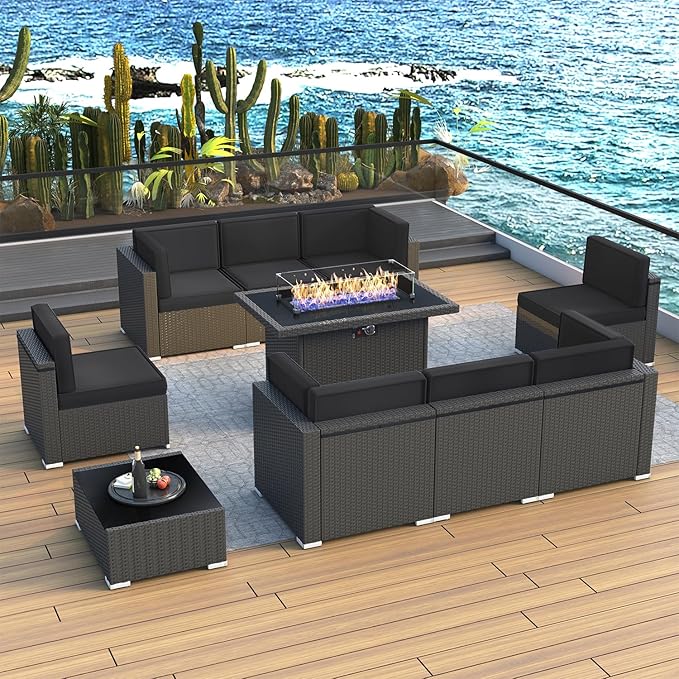 LayinSun 10 Piece Patio Furniture Set with 44" Propane Gas Fire Pit Table, Outdoor Sectional Conversation Set Wicker Rattan Sofa Set with Coffee Table