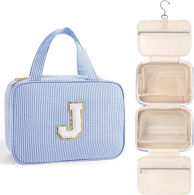 TOPEAST Travel Toiletry Bag Makeup Bag - Hanging Toiletry Bag for Women, Portable Toiletries Travel Bag and Cosmetic Bag, Airplane Travel Essentials Travel Toiletry Bag - Letter J, Blue