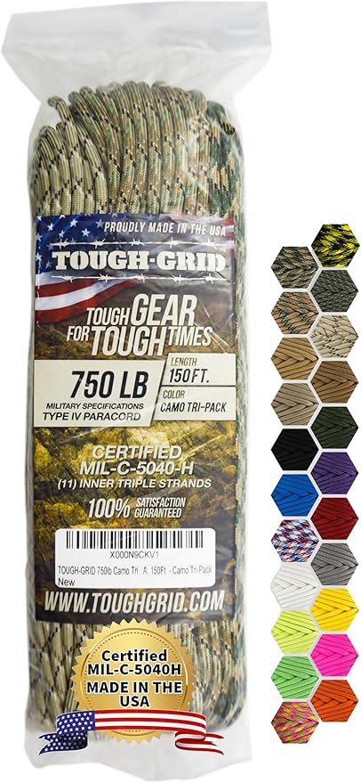 TOUGH-GRID Paracord Rope 750 lbs Nylon Parachute Cord, Made in USA Survival Kit, Outdoor Adventures, Camping, Tactical Gear & Emergency Supplies, Military Type IV Mil-Spec