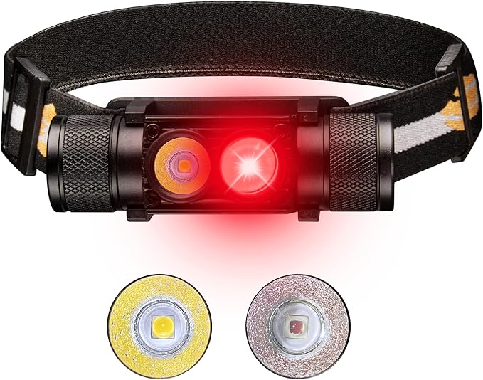 77outdoor LED Rechargeable Red Headlamp, D25LR Powerful Lightweight Headlight with 90 High CRI Bright White Light and 660nm Deep Red Light, USB C Charging for Camping, Hiking, Hunting