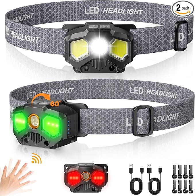 Rechargeable Headlamp, 2 Pack 1400 Lumens LED Headlamp with Red/Green/White 14 Modes Ultra-Bright Headlamp Rechargeable, Motion Sensor Headlamp with Memory Function, Ideal for Outdoor Camping