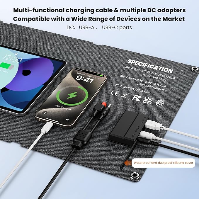 N-Type 16BB 50W Portable Solar Panels,Foldable Solar Panel Charger IP68 Waterproof with USB-A and USB-C Ports DC 18V Output for Small Power Station Outdoor Camping RV Trip